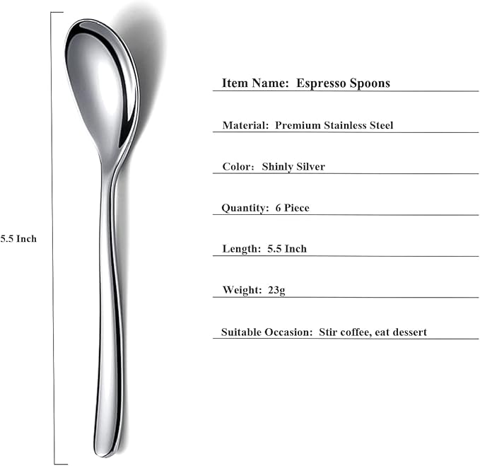 Demitasse Espresso Mini Spoons, 5.5'' Stainless Steel, Dishwasher Safe - Image 2