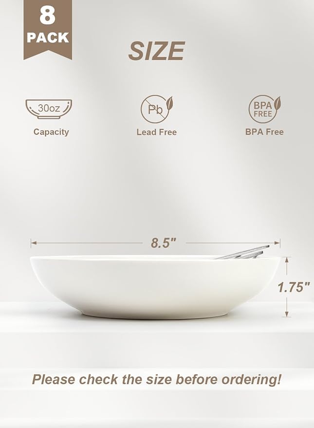 Quatish Pasta Bowls 30oz Set of 8, Salad Bowls Soup Bowl - Image 4