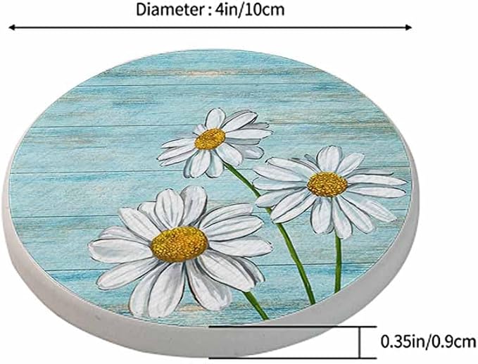 Daisy Flowers Ceramic Coasters Blue Old Wooden Background Absorbent Drink - Image 2