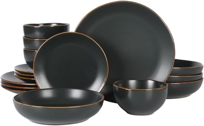 Gibson Home Hazeltine 16-Piece Black Stoneware Dinnerware Set – Plates and Bowls by GibsonHomewares