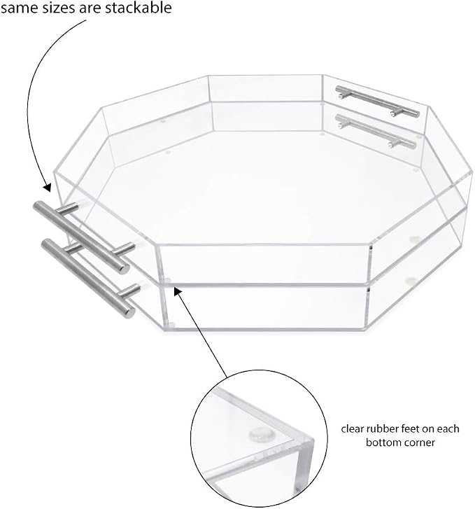 Isaac Jacobs 18x18 Clear Octagon Acrylic Serving Tray Silver Metal Handles | - Image 3