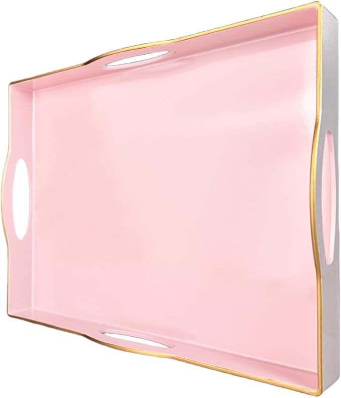 Pink Serving Tray with 4 Handles, Plastic Decorative Tray by Umisriro