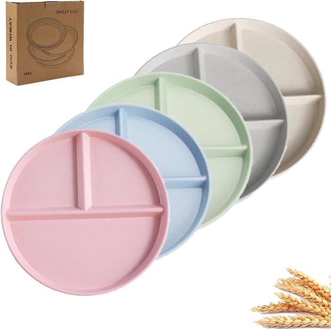 K Y KANGYUN 5-Piece Divided Dinner Plates, Wheat Straw, BPA Free by K+Y+KANGYUN