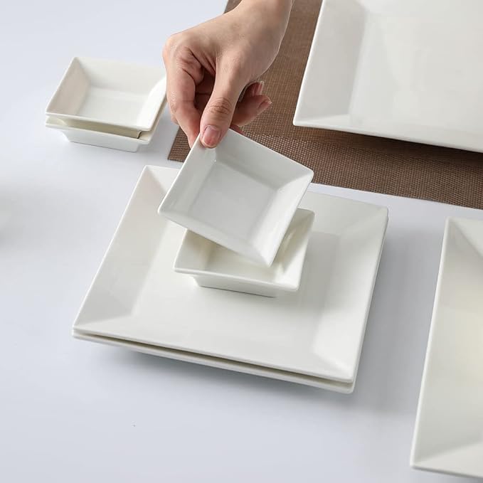 Off-White Porcelain Dinnerware Set, Square Dishes Set - Image 5