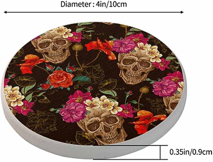 oFloral Skull Coasters for Drinks Rose Flower Bloom Folk Culture Festival Cups - Image 2