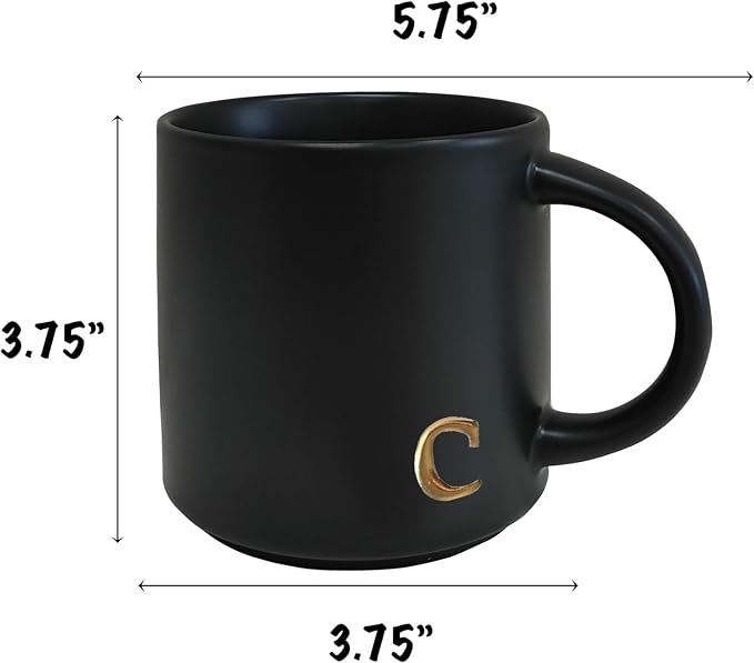COLLECTIVE HOME Black Ceramic Coffee Mug, 15 oz Golden Monogram Tea Cup | - Image 4