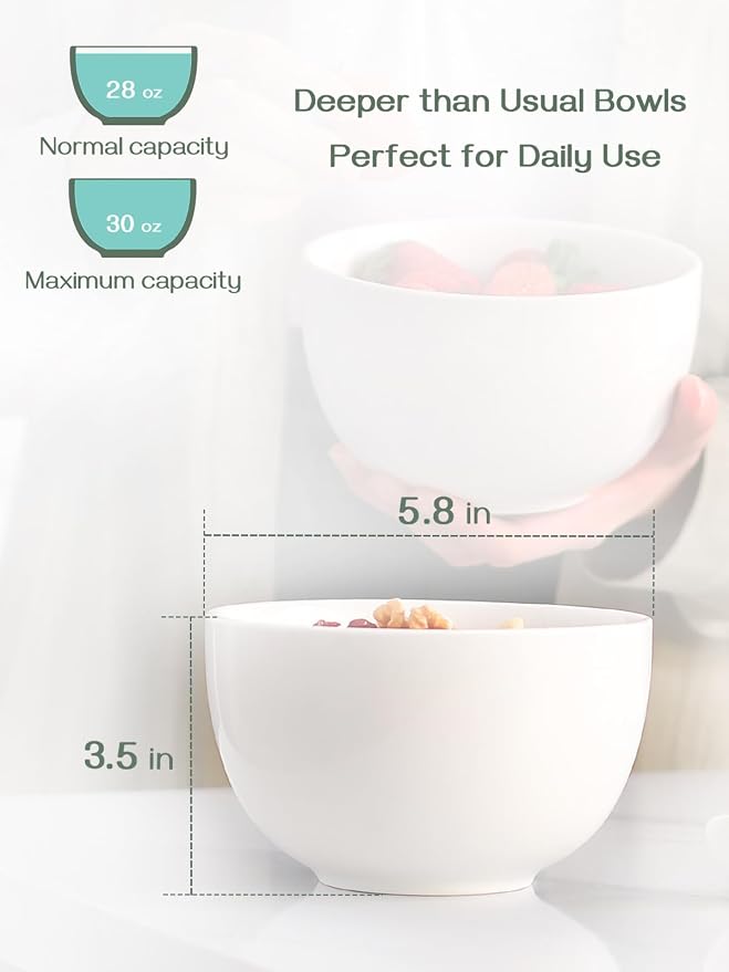 DOWAN Deep Soup Bowls, Ceramic Cereal Bowls, 30 oz, 5.8 in, and sides. - Image 5