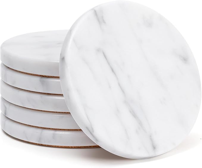 Soft White Marble Coasters Set of 6, Modern Elegant Drink Coasters by YONGHEE