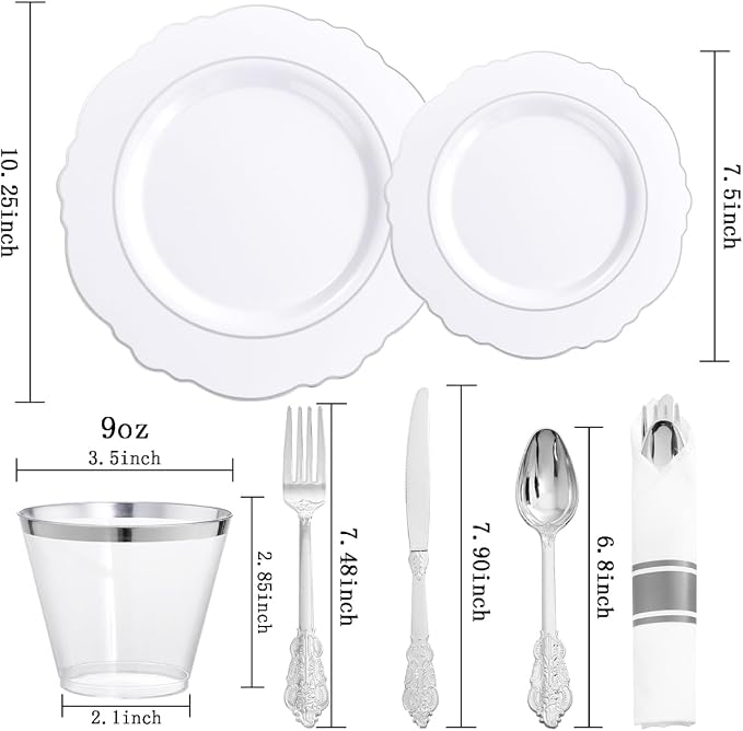 350PCS Silver Plastic Plates-Disposable White and Silver Plates 50guest Baroque - Image 6