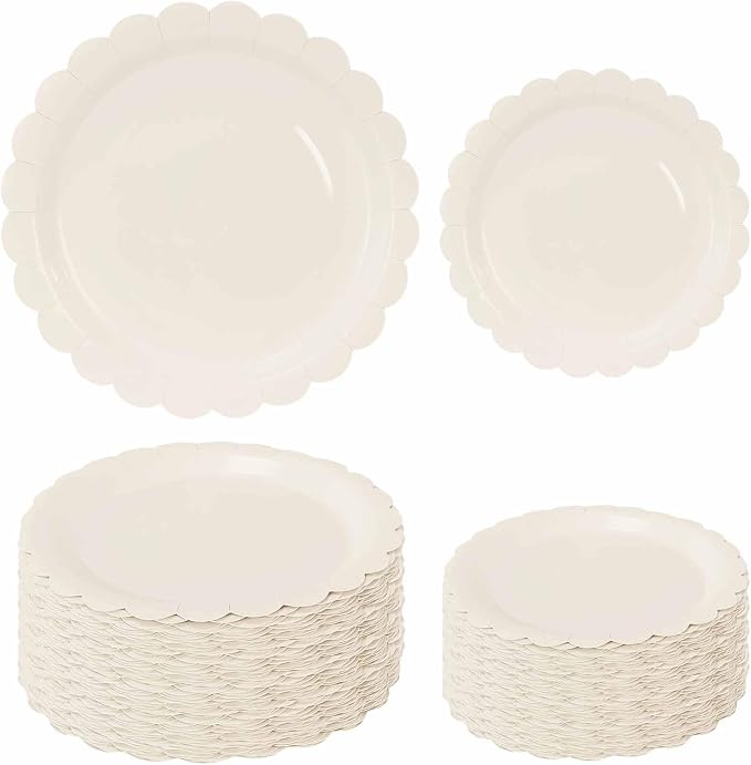 50 Pcs Ivory Scalloped Paper Plates 25 × 7'' and 25 × 9'' Disposable Ivory by FALIZIFU