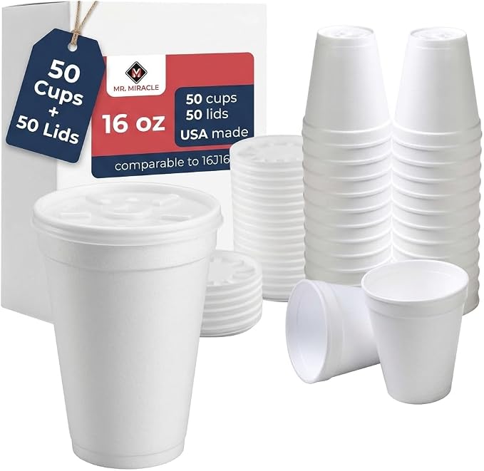 16 OZ Foam Cups With Lids for Hot & Cold Drinks, USA-Made 50-Pack.Ideal by MrMiracle