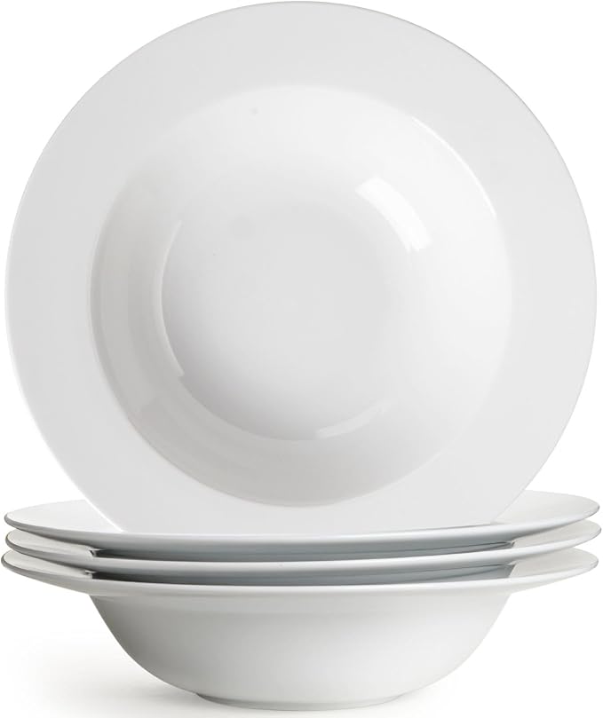 Pasta & Salad Bowls - 40oz White Ceramic Soup Plates - Set of 4 by Wareland