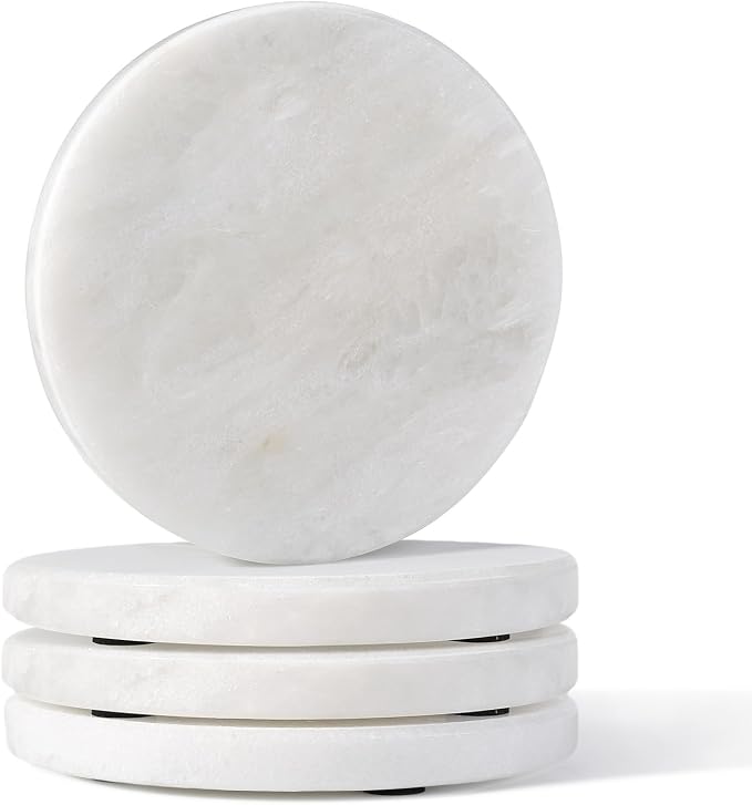 Marble Coaster Set of 4, Round White Coasters, Heat Resistant Coaster by Koville