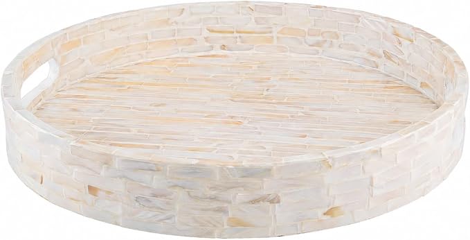 PEMAR 12.6” Decorative Round Serving Tray, Mother of Pearls Inlaid Coffee Table by PEMAR