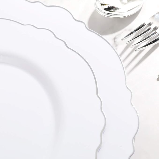 60pcs Silver Plastic Plates-Baroque White &Silver Plates - Image 4