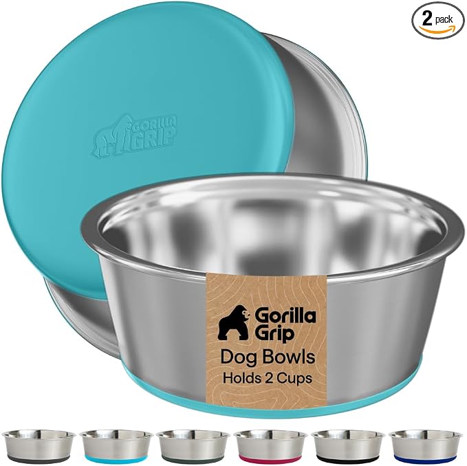 GORILLA GRIP Dog Bowls, Food Grade 304 Stainless Steel Holds 2 Cups Each Food by Unknown