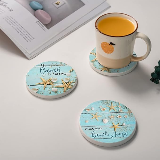 HUXJOKO Coasters for Drinks Set of 6, Seashells Starfish on Blue Wooden - Image 4