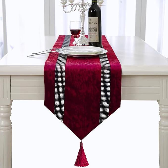 Glam Burgundy Table Runner, Bling Sequin Rhinestone, Ombre Velvet, Modern Style - Image 4