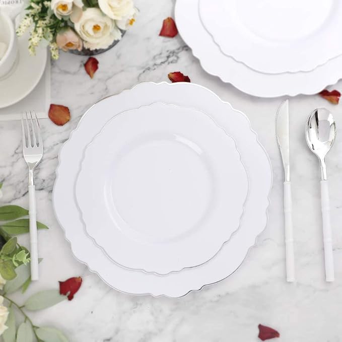 60pcs Silver Plastic Plates-Baroque White &Silver Plates - Image 3