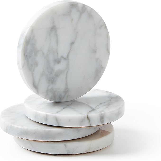 Natural Marble Coaster Set of 4.Round Drinks Coasters, Non-Ceramic/Non-Resin | by STAVORAE