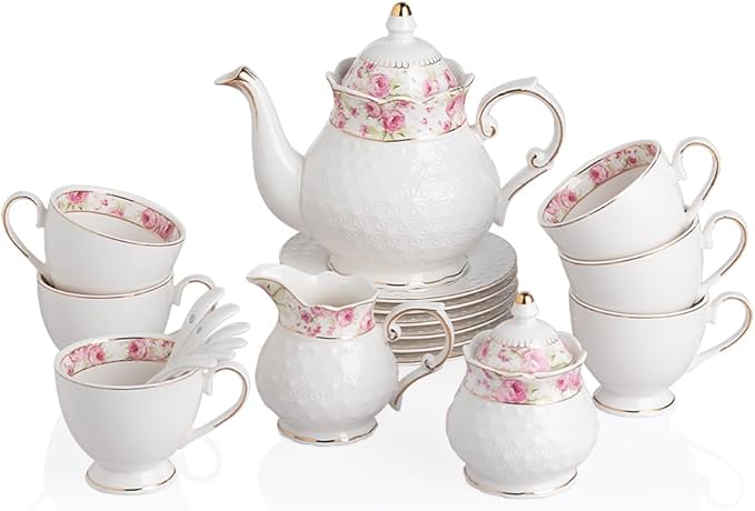 Sweejar 21 Piece Porcelain Tea Set, Vintage British Floral Relief Gold Rimmed by Sweejarco1949