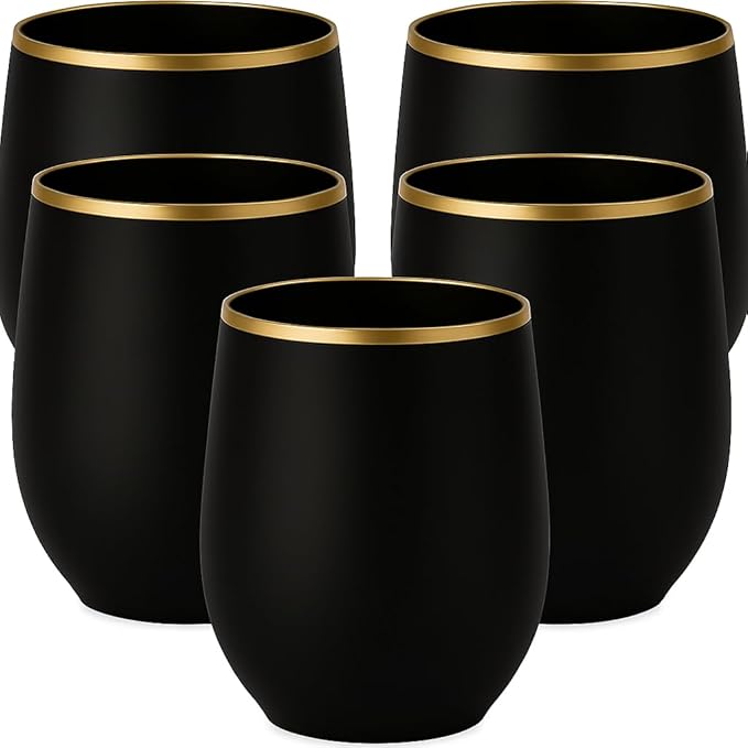 40 Pack Disposable Plastic Wine Glasses 12 oz Black Gold Rim Matte Cups | by Oojami