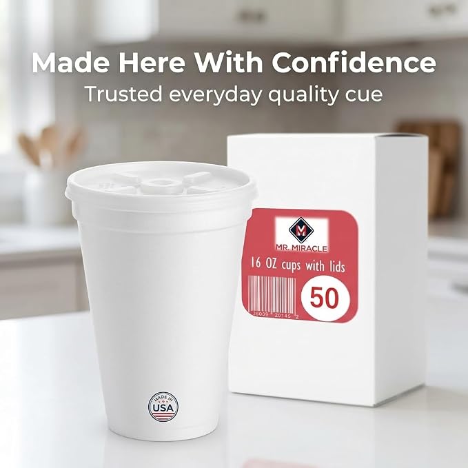 16 OZ Foam Cups With Lids for Hot & Cold Drinks, USA-Made 50-Pack.Ideal - Image 9