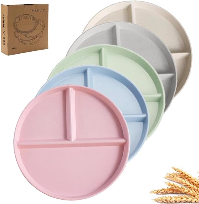 PUPOPIK 9" Unbreakable Divided Plates Set of 5, Wheat Straw Plate Reusable by PUPOPIK
