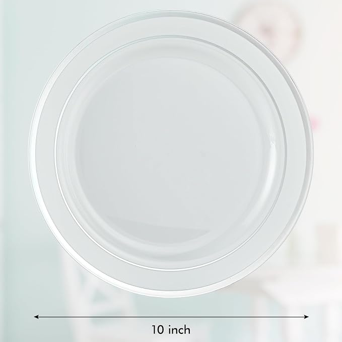 Vplus 100 Pack 10in Silver Rimmed White Disposable Plastic Plates - Image 6