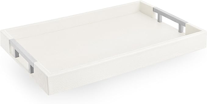 Modern Elegant 17.5"x12" White Rectangle Shagreen Faux Leather Decorative Tray by HomeRedefined