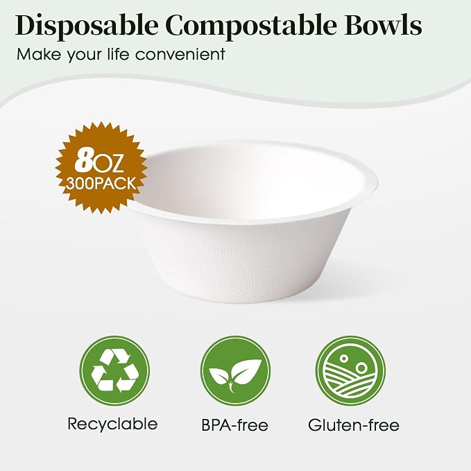300 Pack 8 oz Compostable Paper Bowls Disposable, Suitable - Image 2