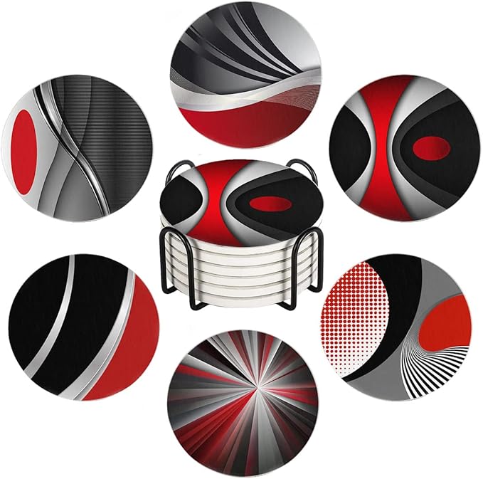 HUXJOKO Coasters for Drinks Set of 6, Modern Red Black Geometric Absorbent by HUXJOKO
