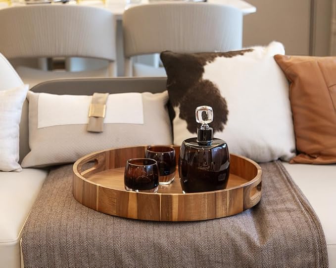 Round Wood Serving Trays Set of 2, Ottoman Tray Rustic Acacia Wooden Trays - Image 8