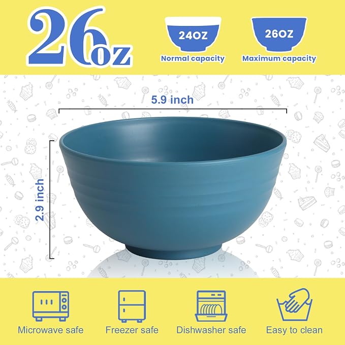 Wheat Straw Bowls, 26 OZ Cereal Bowls Set of 6, Unbreakable Salad and Soup Bowls - Image 2