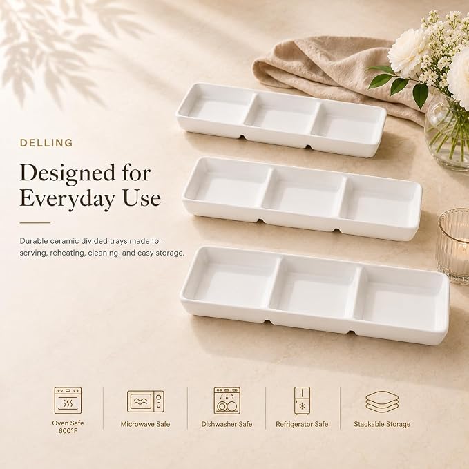 DELLING 16x5 Inch Ceramic 3-Section Serving Tray Set of 3, Stackable Divided - Image 5