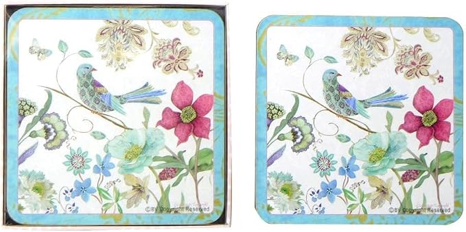 Lightahead Set of 4 MDF Wood Square Coasters Spring Bird Design in Gift Box | by Lightahead%C2%AE
