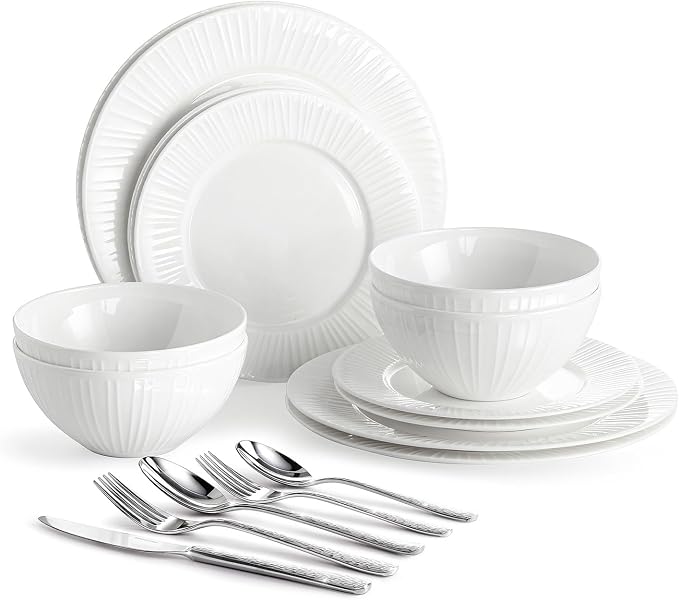 12Pc Bone China Dinnerware Set & 20Pc Flatware Combo Set by KINGSTONE