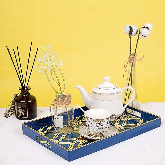 Blue Decorative Tray with Handles, Plastic Serving Tray - Image 2