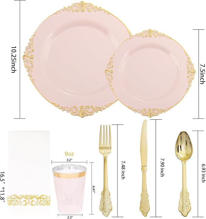 Morejoy 175pcs Pink Plastic Plates - Image 3