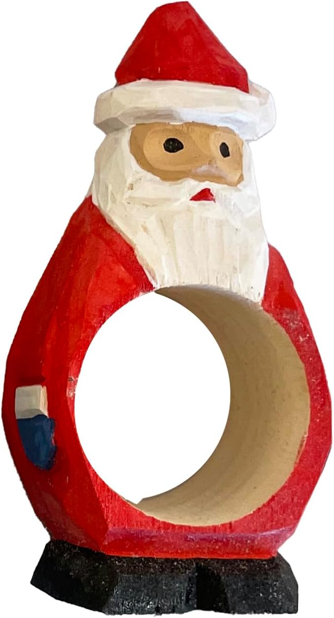 Set of 4 Hand-Carved Wooden Holiday Napkin Rings, Christmas Tree, Pumpkin & - Image 3