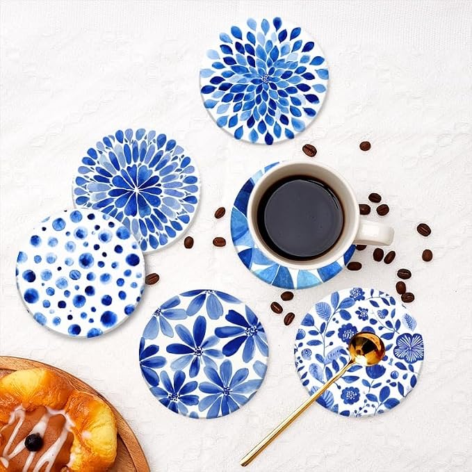 Funny Coasters Set of 6 Round Ceramic Blue Watercolor Textured Coasters - Image 7