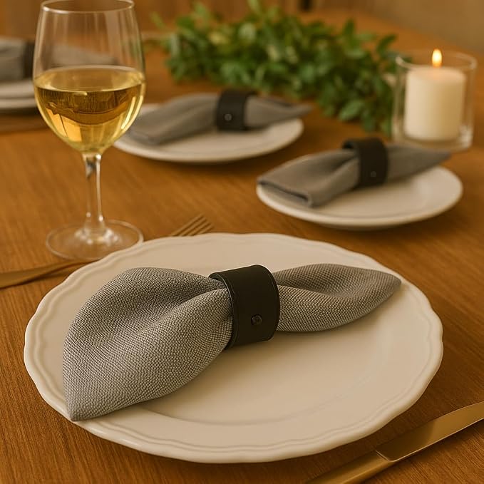Luxury Leather Napkin Rings Set of 8, Morgan Faux style, Modern Cuff Design - Image 3