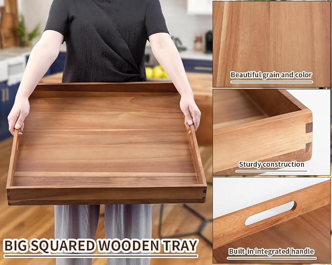 Extra Large Square Wood Tray, Generously 22" Acacia Serving Trays - Image 5