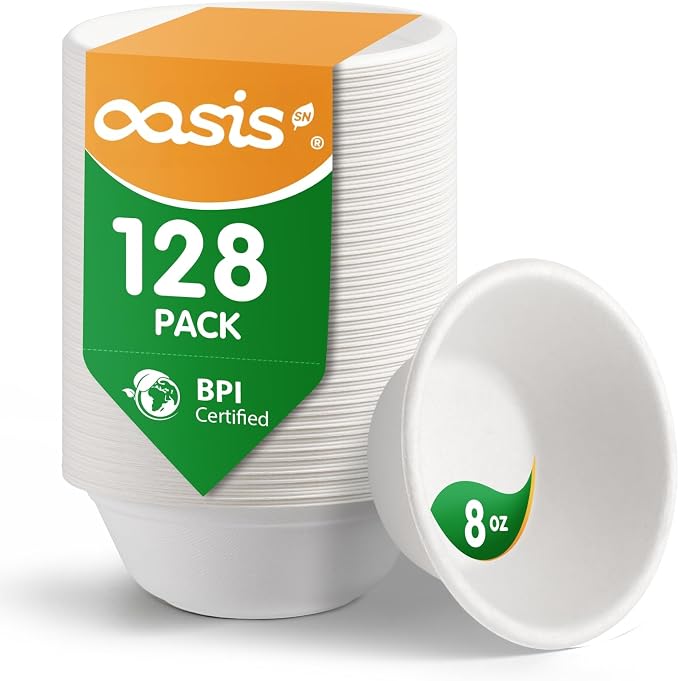 8 oz 128-Pack Compostable Paper Bowls, Small Disposable Dessert & Snack Bowls by SustainableSolutions