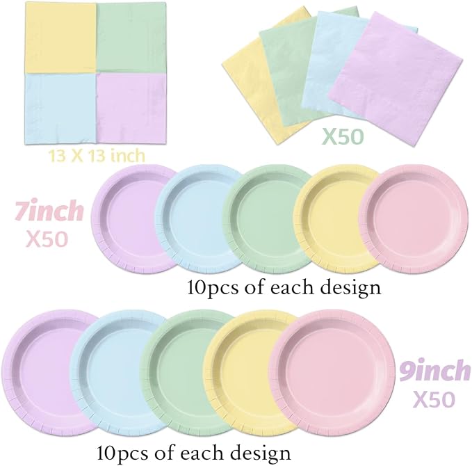 CMUSKO Pastel Party Decorations-150Pcs Rainbow Plates and Napkins Pastel - Image 4