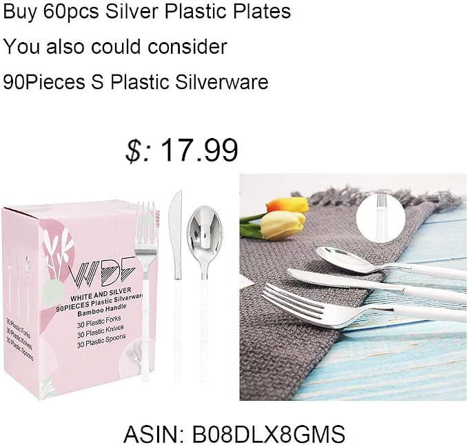 60pcs Silver Plastic Plates-Baroque White &Silver Plates - Image 6