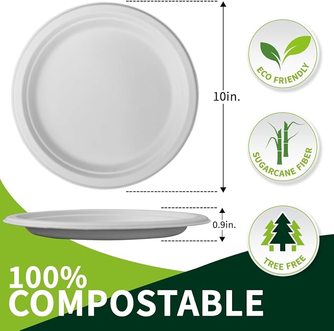 10 Inch Compostable Paper Plates【White 150 Pack】, 100% Sugarcane Bagasse Large - Image 2