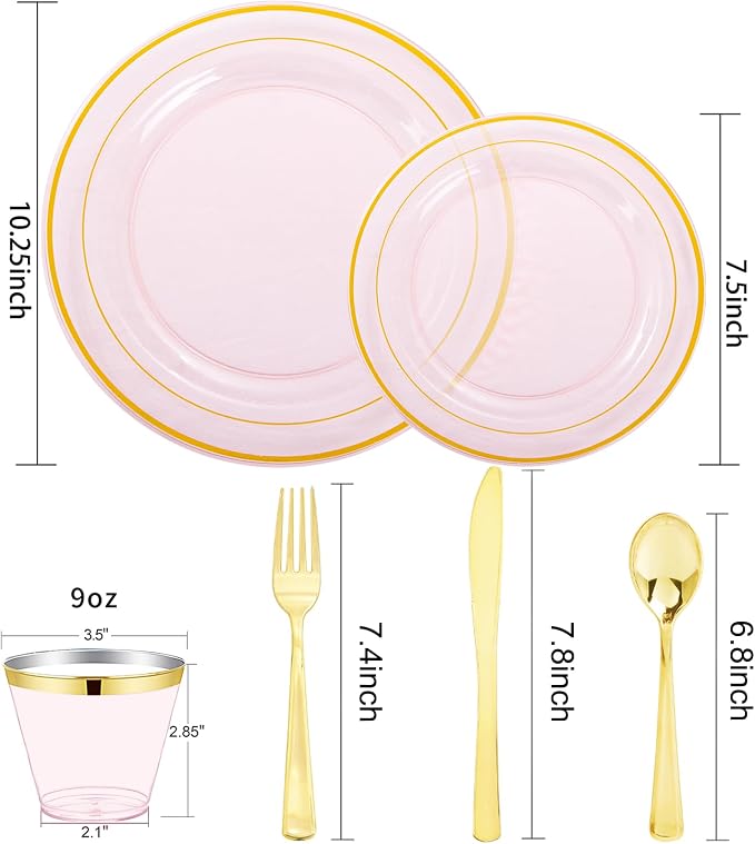 WELLIFE 350Pcs Clear-Pink Plastic Dinnerware- Pink and Gold Plastic Dinnerware - Image 2