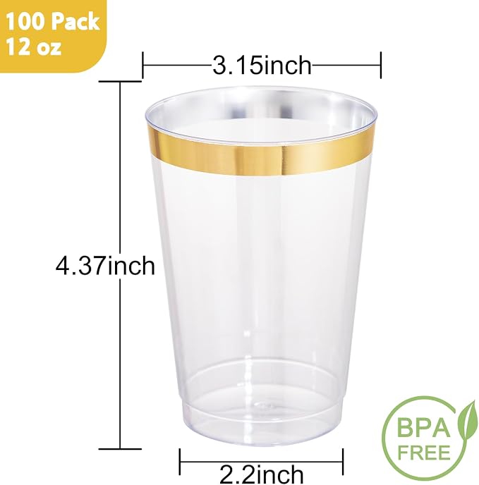 IOOOOO 100 Pack 12 oz Gold Plastic Cups, Disposable Wine Glasses Cocktail - Image 4