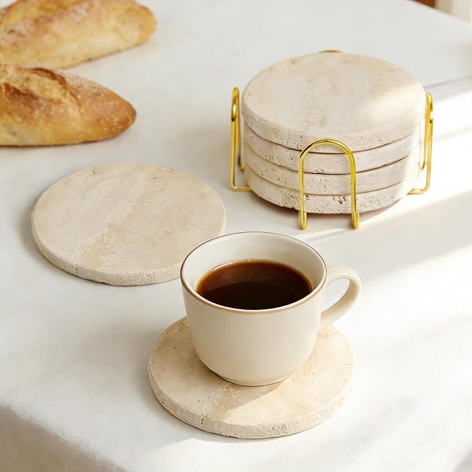 Natural Travertine Marble Coasters Set of 6-4" Round | Stone Drink Coasters - Image 6
